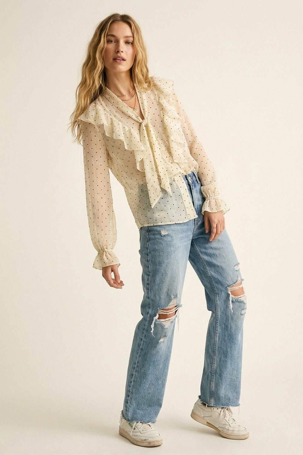 Cream Polka Dot Ruffle Front Blouse with Frilled Cuffs - Shirts