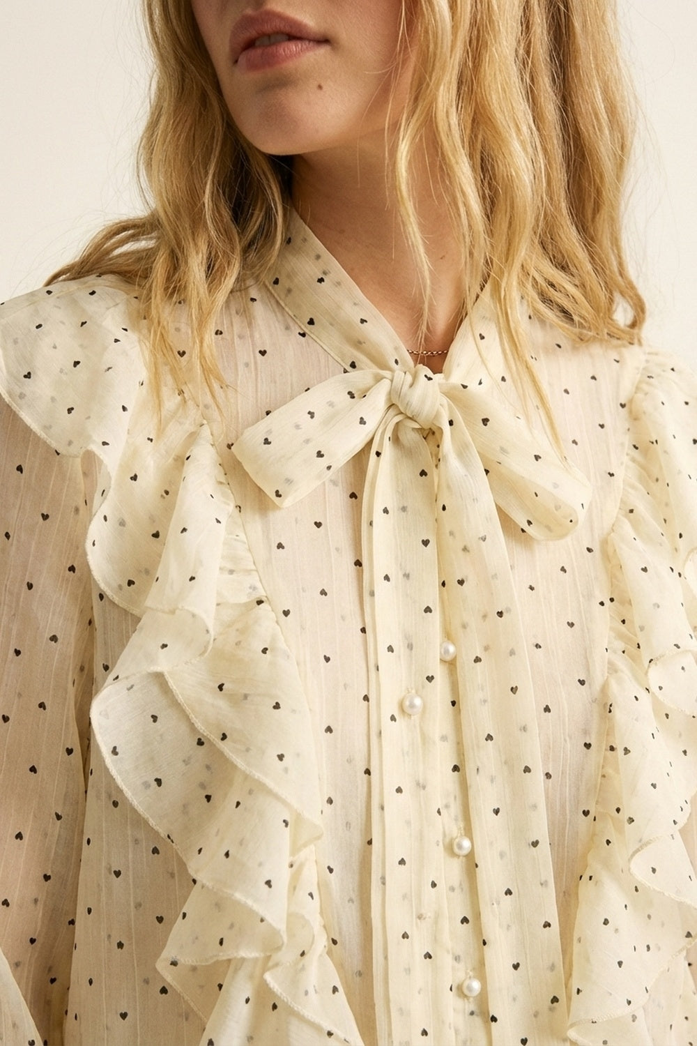 Cream Polka Dot Ruffle Front Blouse with Frilled Cuffs - Shirts