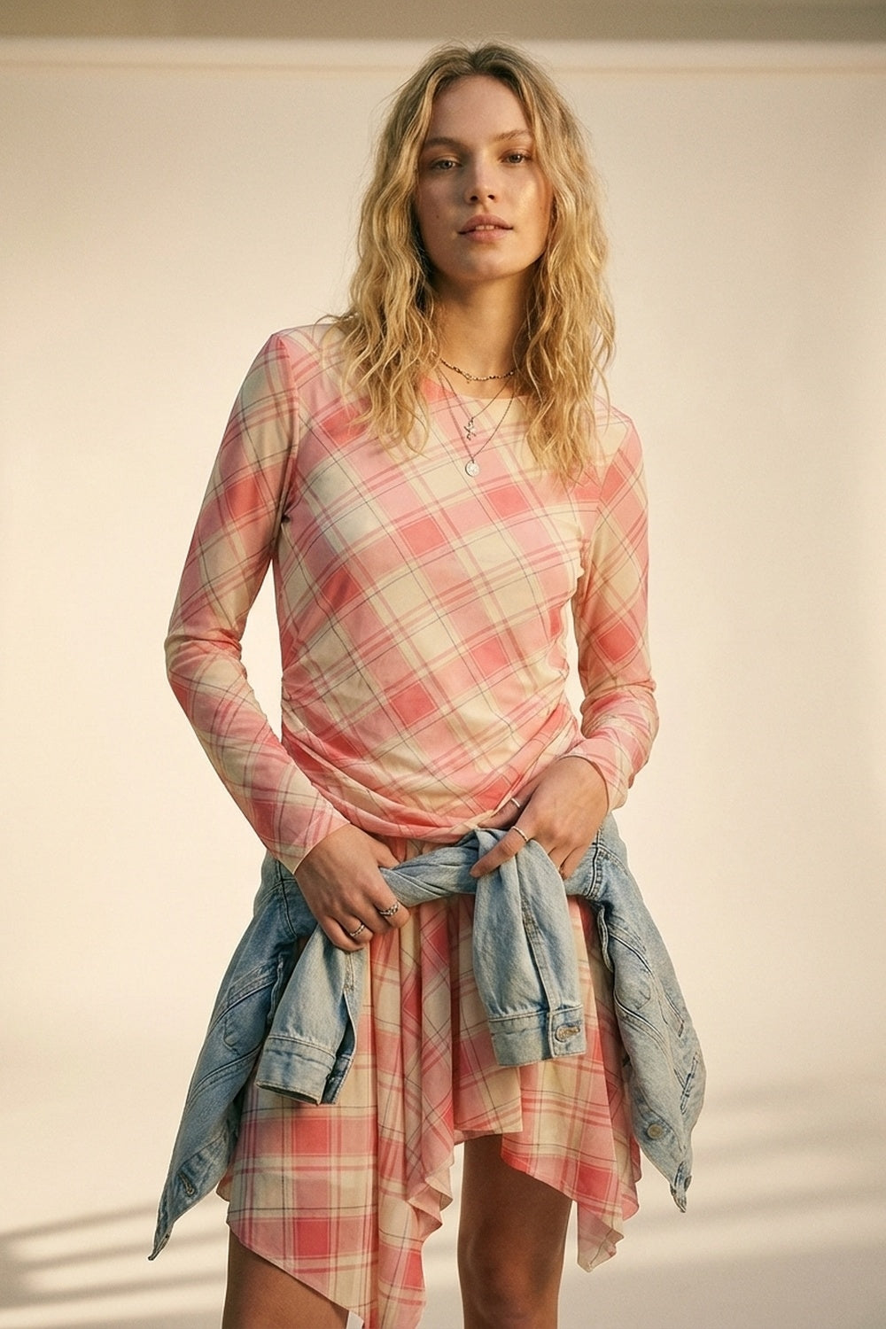 Mesh Fabric Plaid Long Sleeve Asymmetrical Dress in pink - dress