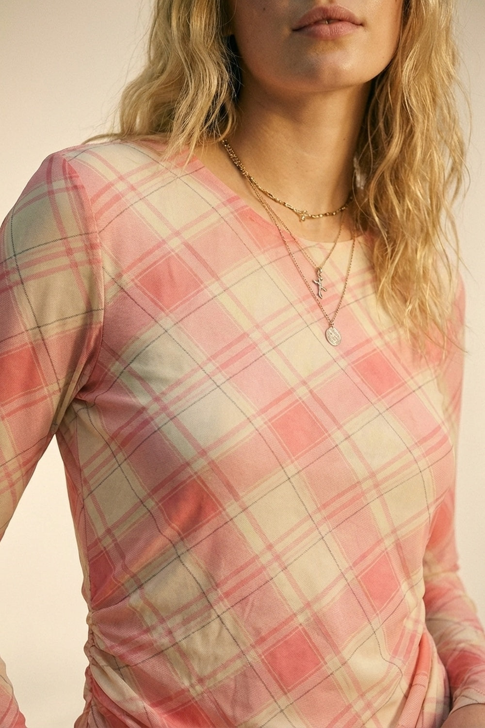 Mesh Fabric Plaid Long Sleeve Asymmetrical Dress in pink - dress