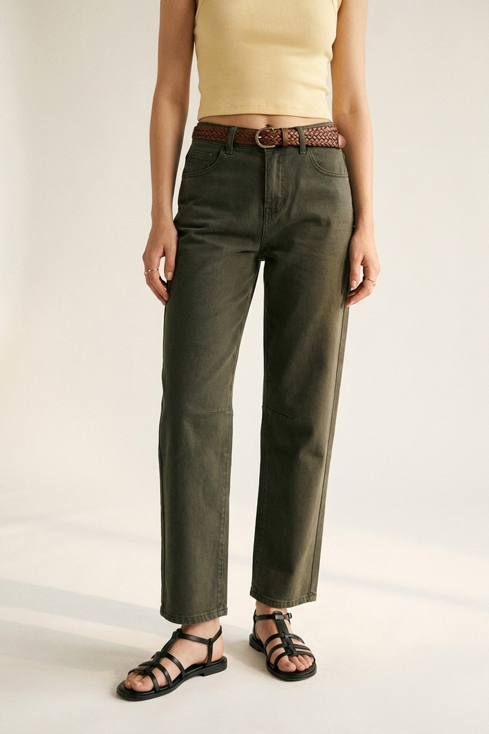 High-Rise Straight-Leg Denim Jeans in Khaki