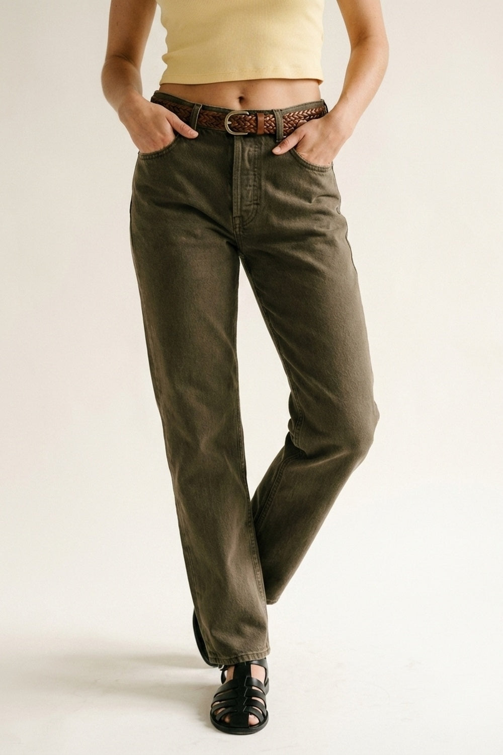 High-Rise Straight-Leg Denim Jeans in Khaki - Coloured Jeans