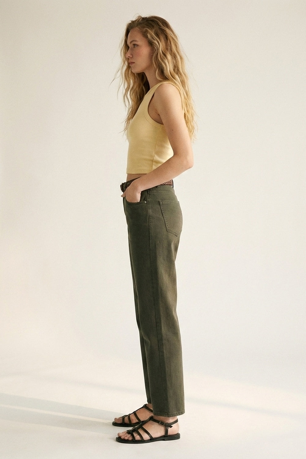 High-Rise Straight-Leg Denim Jeans in Khaki - Coloured Jeans