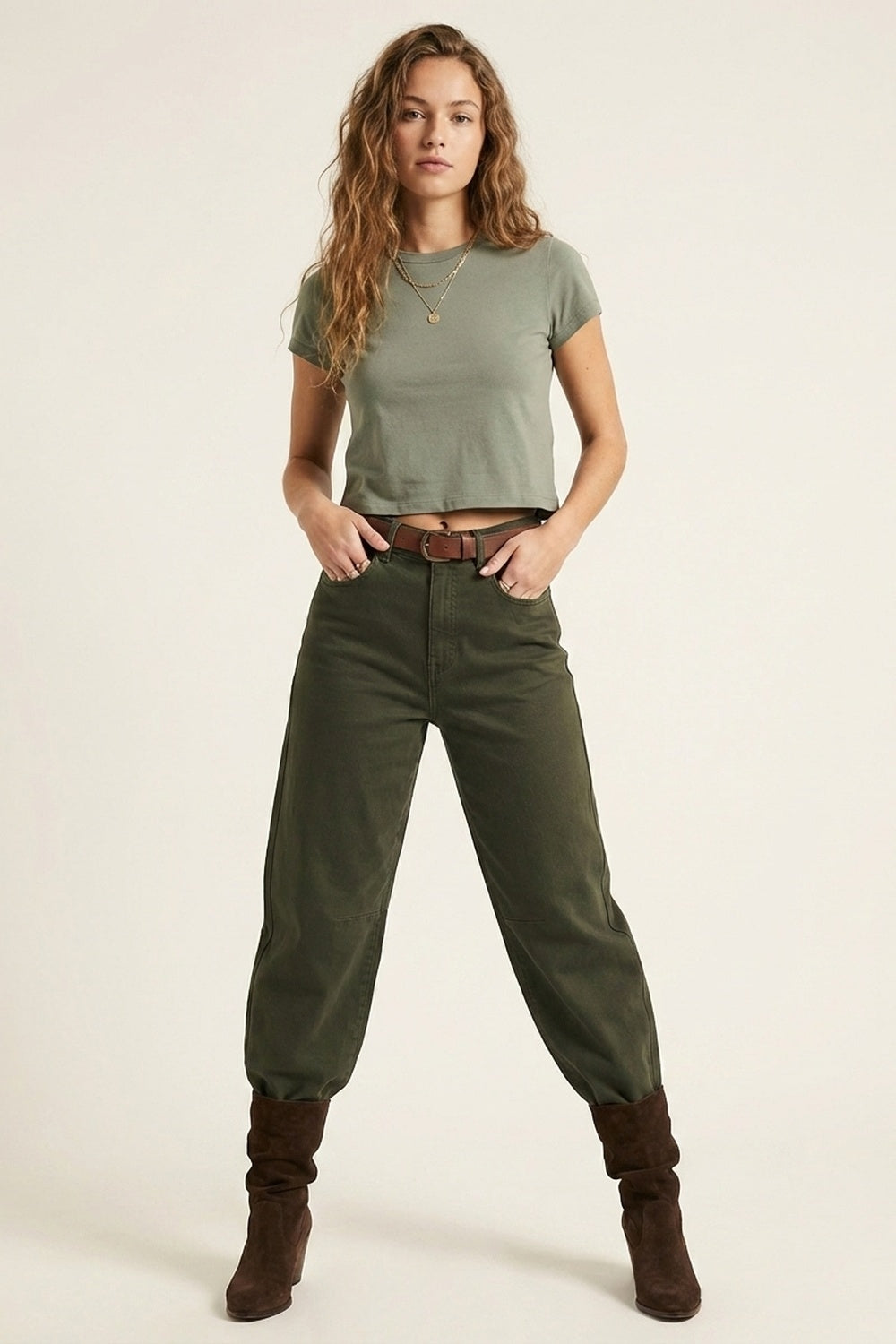 Comfortable stretch jeans with barrel leg in dark green