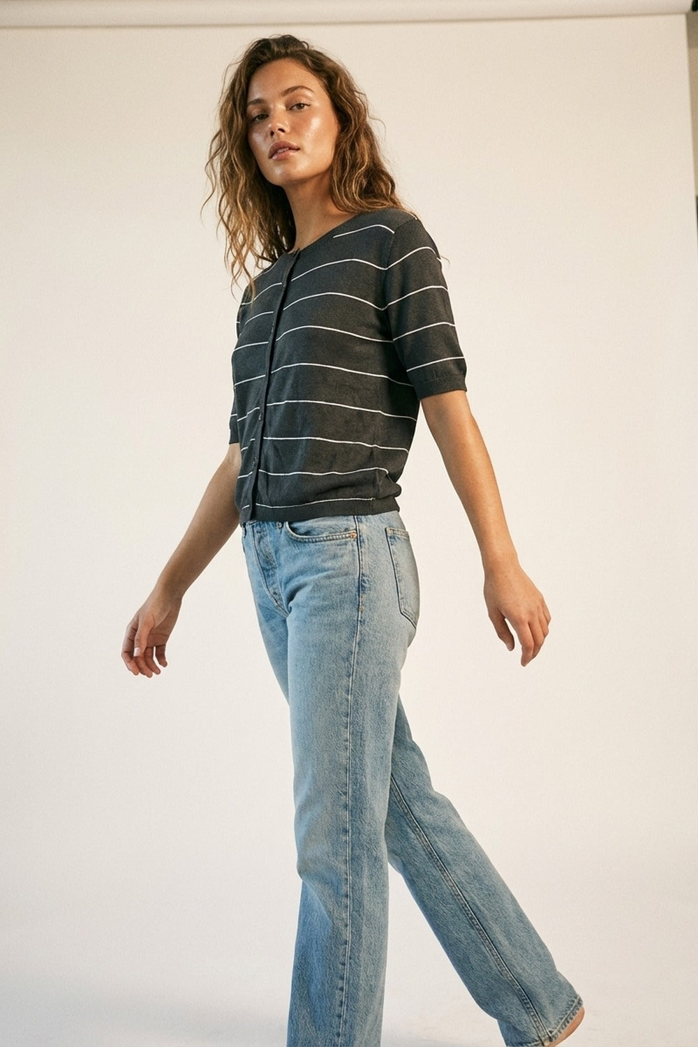 Striped Button-Up Lightweight Cardigan in black