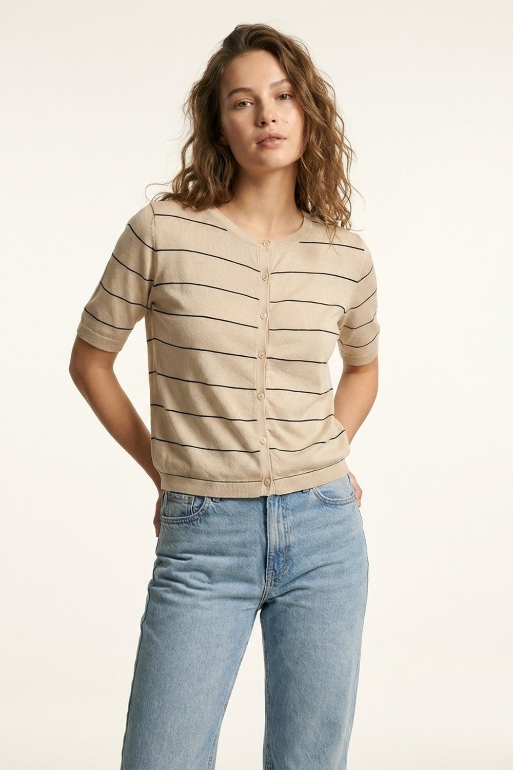 Beige Striped Button-Up Short Sleeve Cardigan - Cardigans