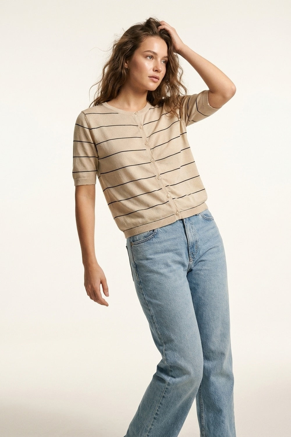 Beige Striped Button-Up Short Sleeve Cardigan - Cardigans