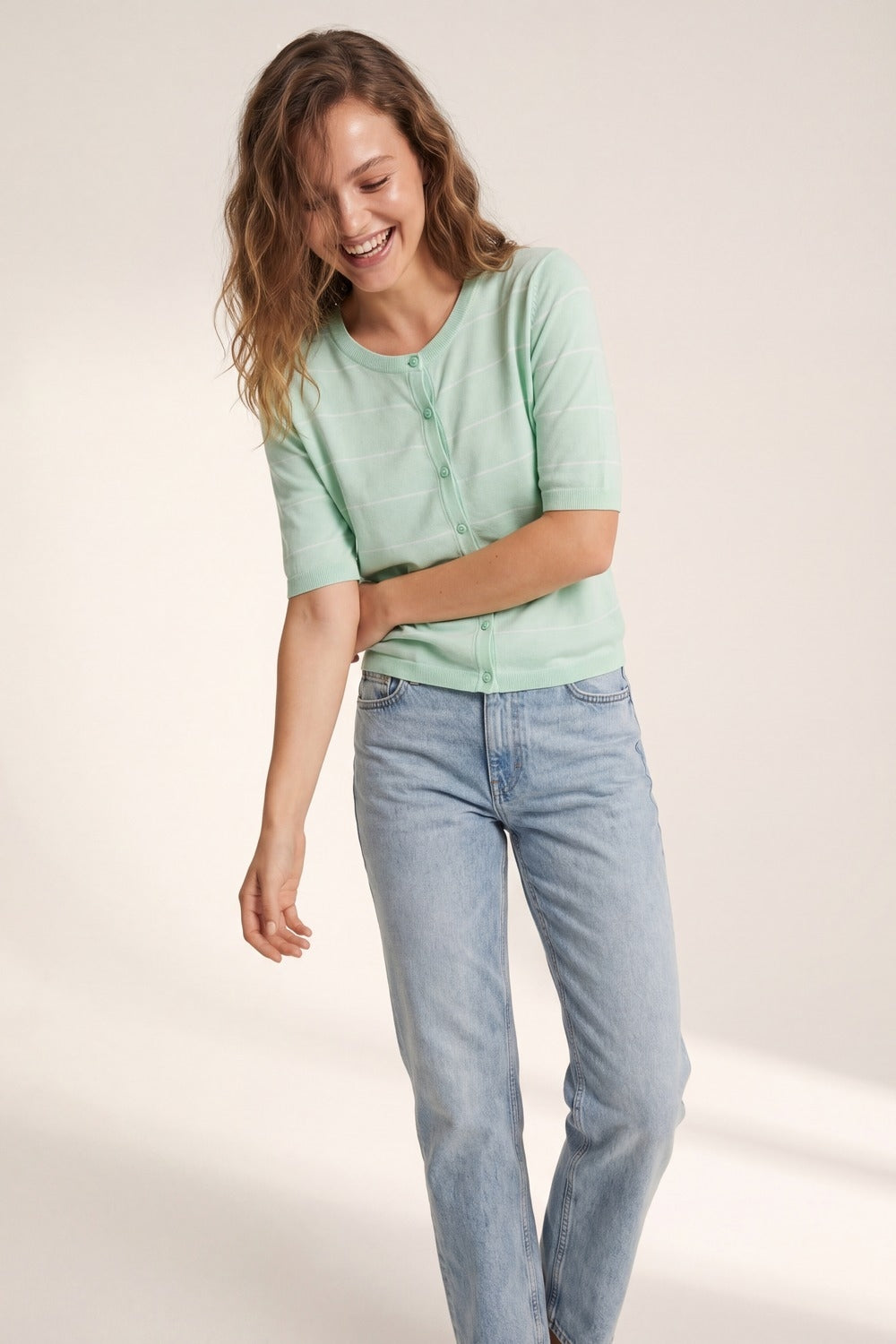 Mint Green Fine Knit Button-Up Cardigan