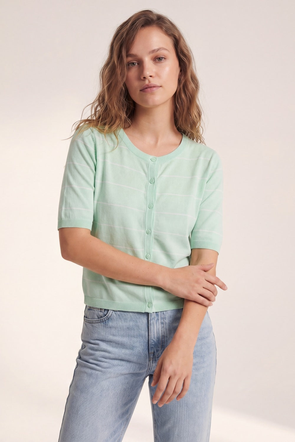 Mint Green Fine Knit Button-Up Cardigan