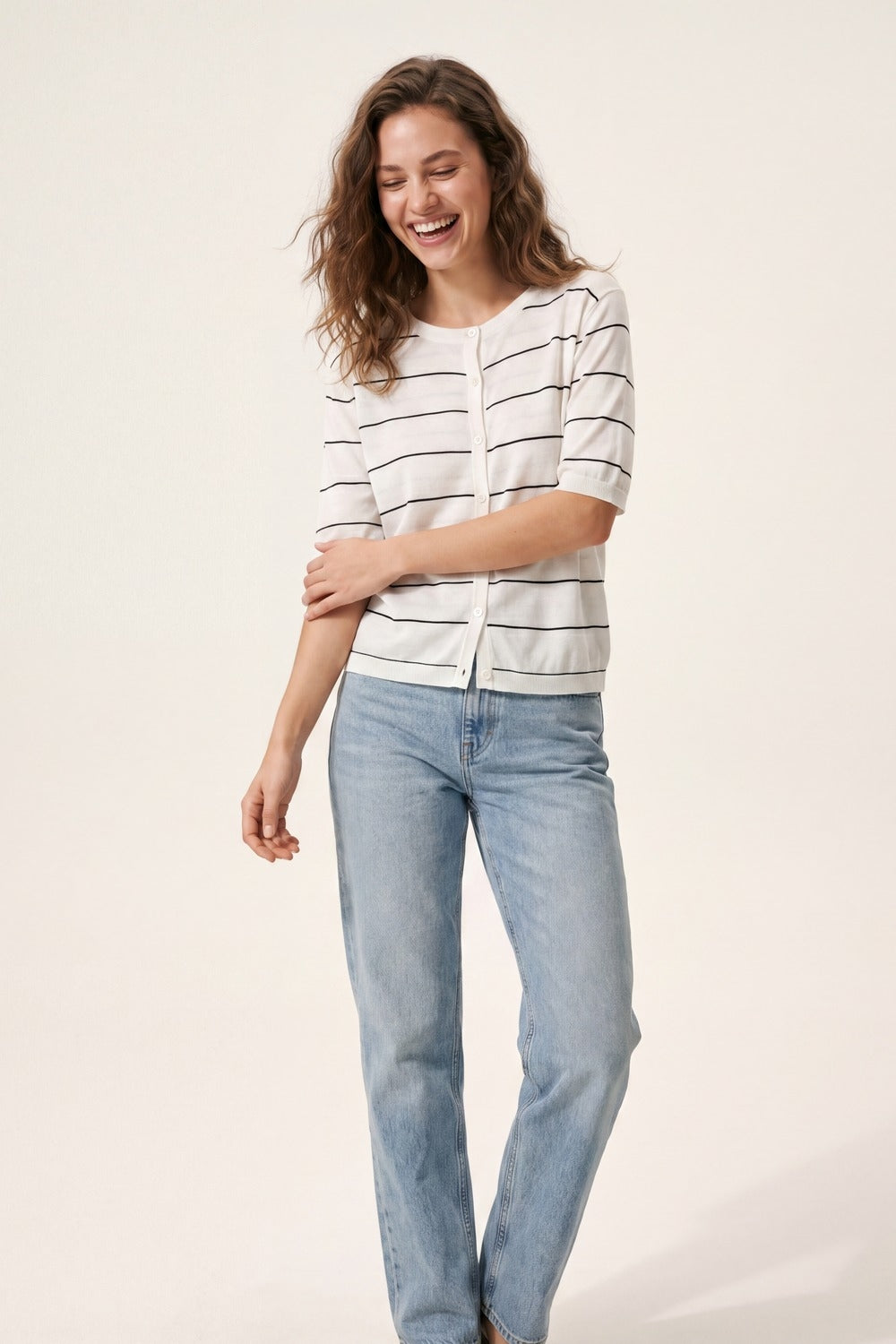 White Striped Knit Button-Front Short Sleeve Cardigan