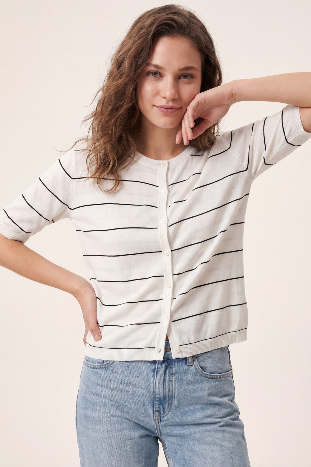 White Striped Knit Button-Front Short Sleeve Cardigan