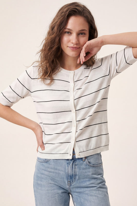 White Striped Knit Button-Front Short Sleeve Cardigan
