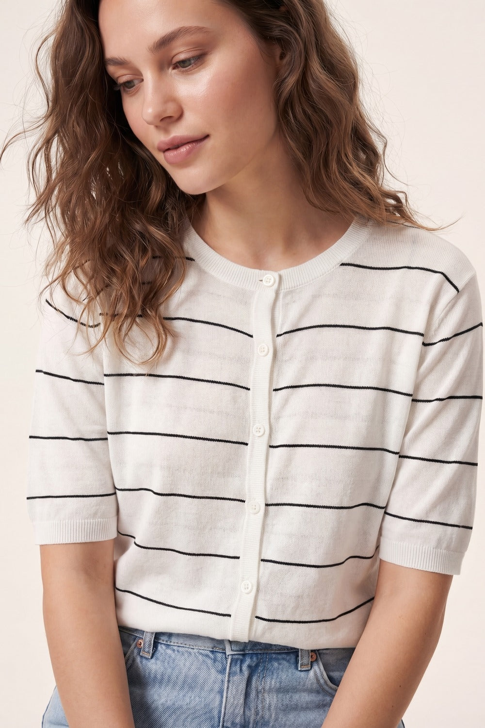 White Striped Knit Button-Front Short Sleeve Cardigan