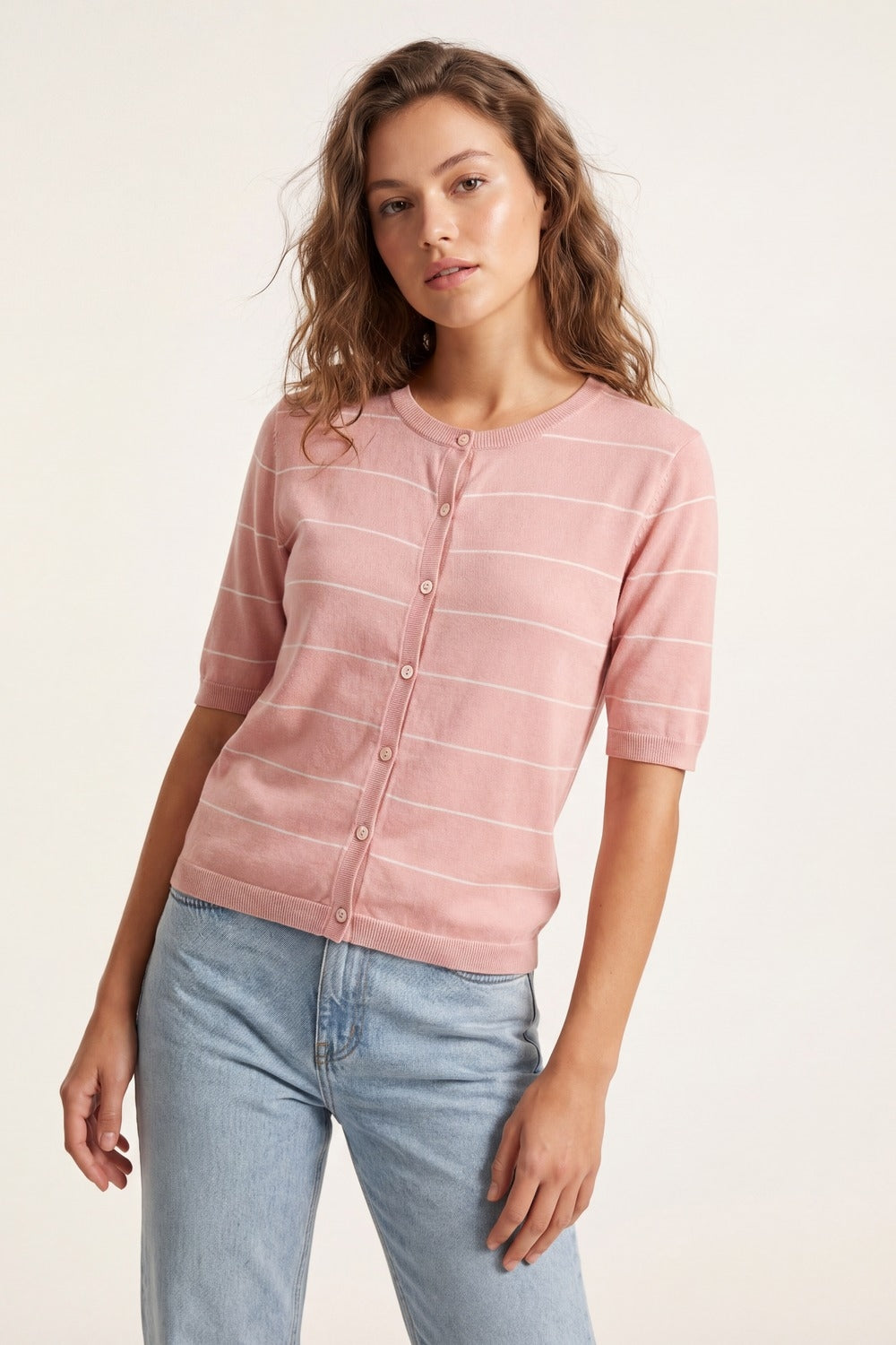 Pink Striped Knit Button-Up Cardigan with short sleeves