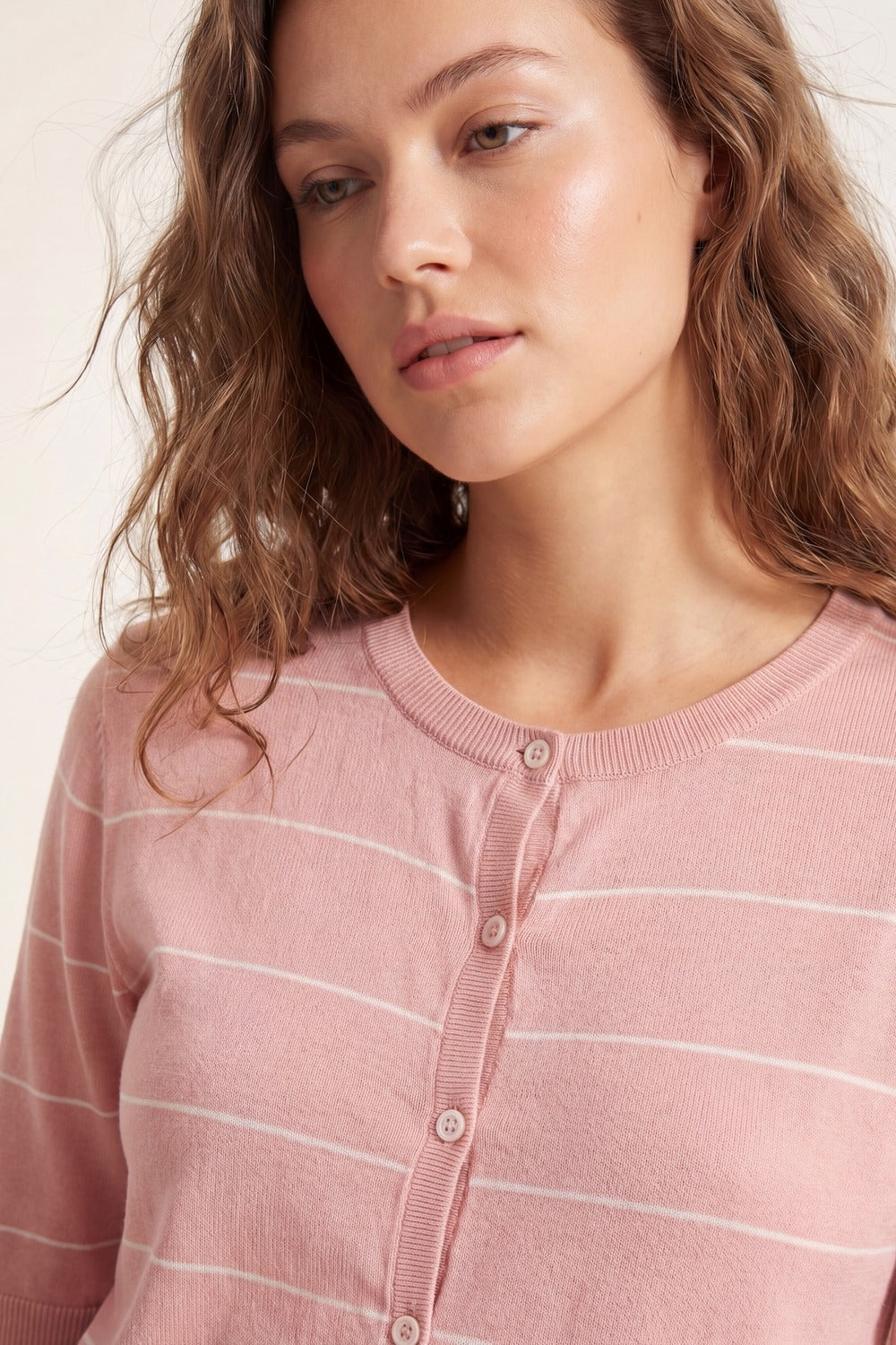 Pink Striped Knit Button-Up Cardigan with short sleeves