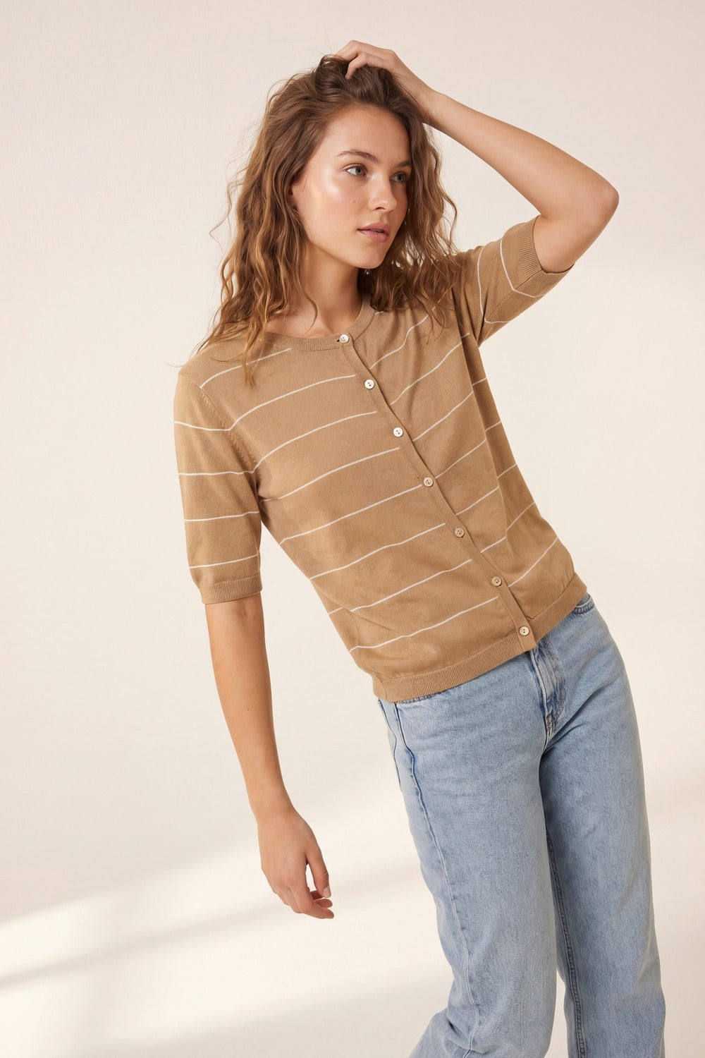 Camel Striped Short Sleeve Button-Up Cardigan