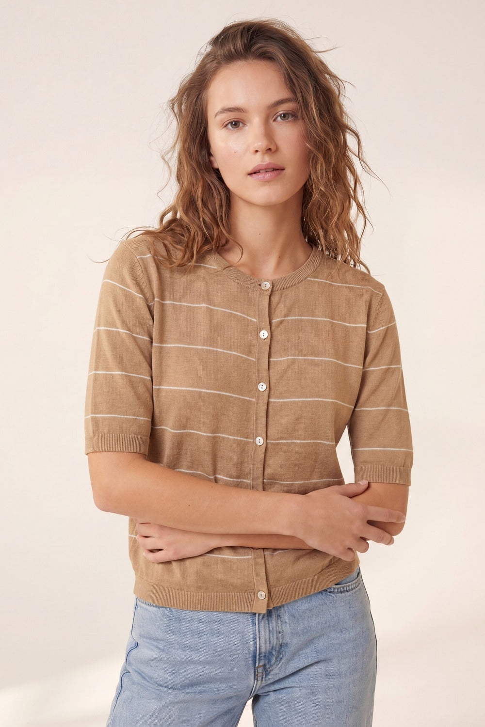 Camel Striped Short Sleeve Button-Up Cardigan