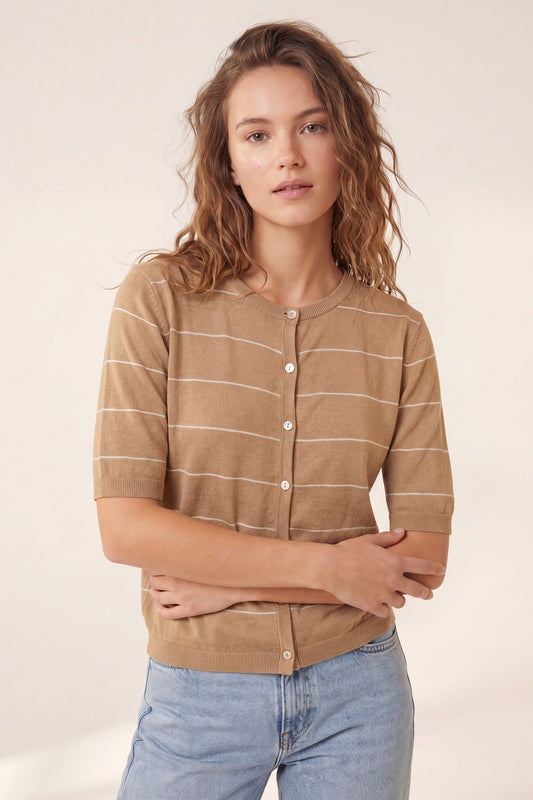 Camel Striped Short Sleeve Button-Up Cardigan