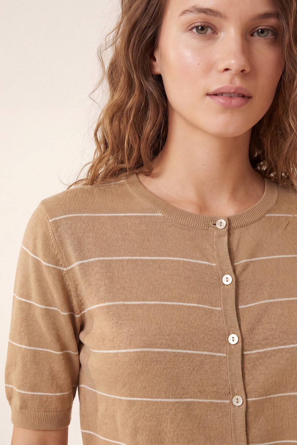 Camel Striped Short Sleeve Button-Up Cardigan