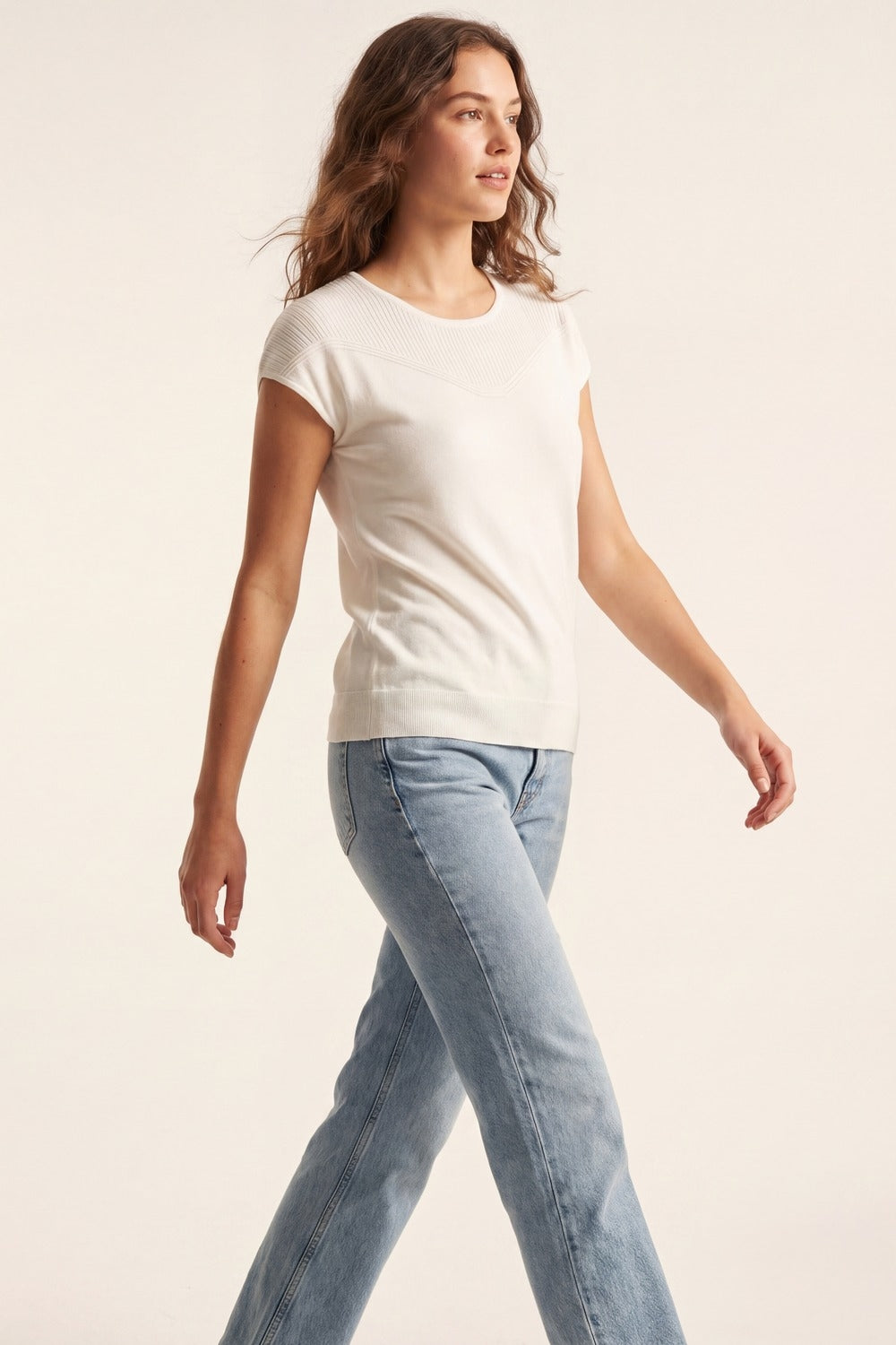 white Knit Short Sleeve sweater with Textured Detail
