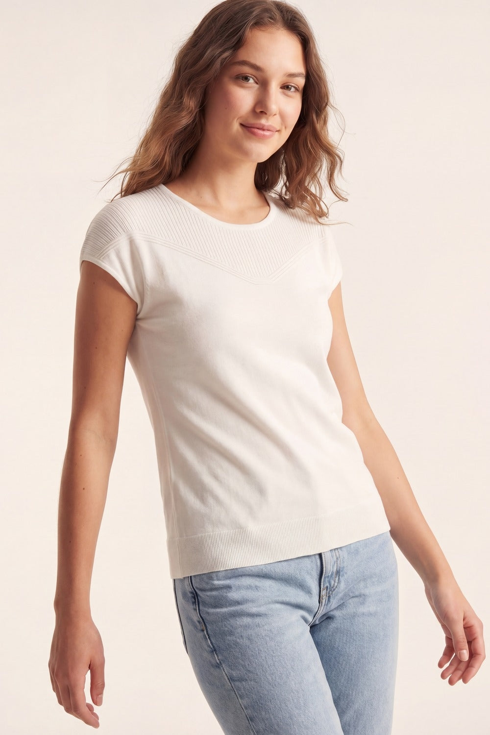 white Knit Short Sleeve sweater with Textured Detail