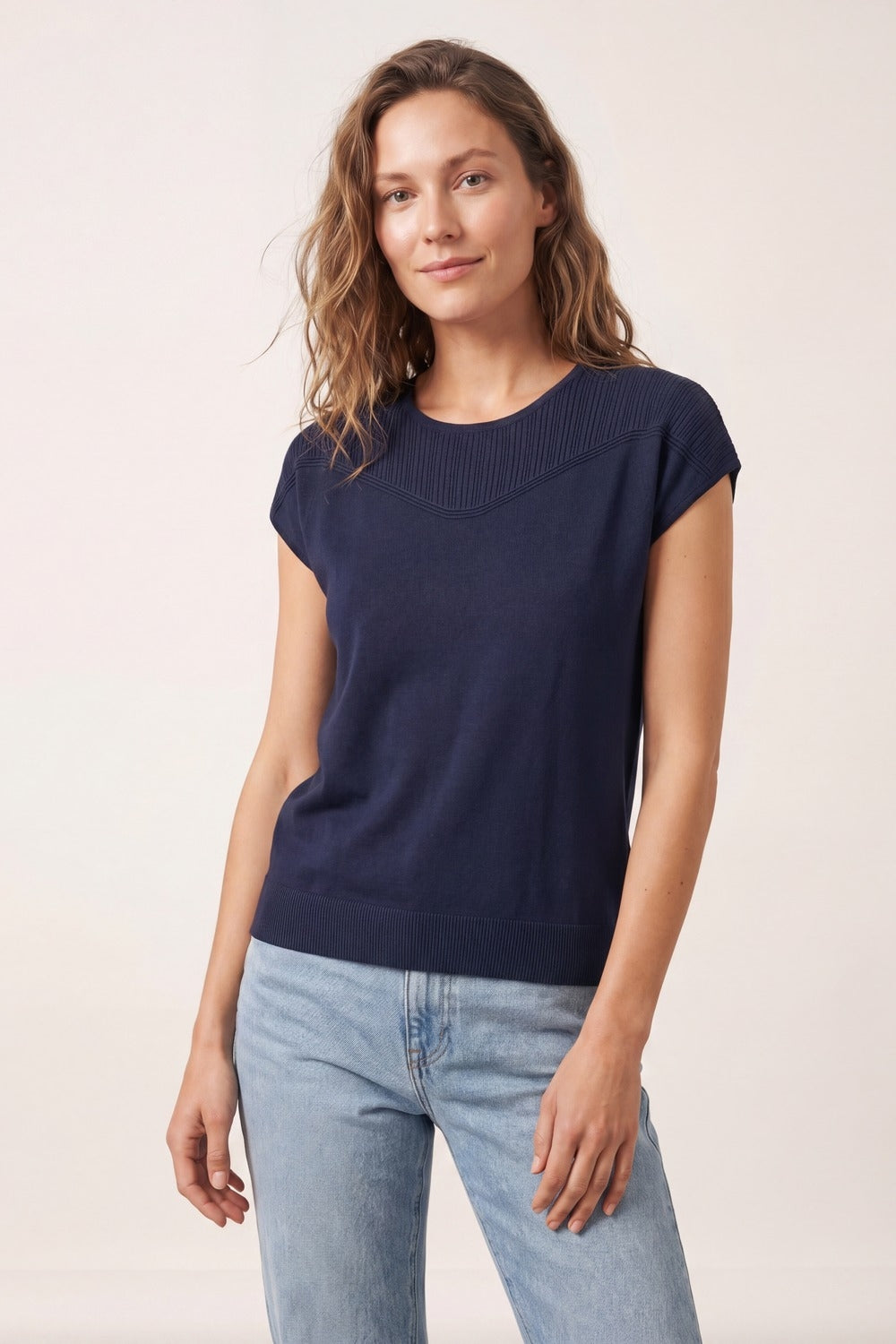 Navy Knit sweater with Ribbed Detail and Cap Sleeves