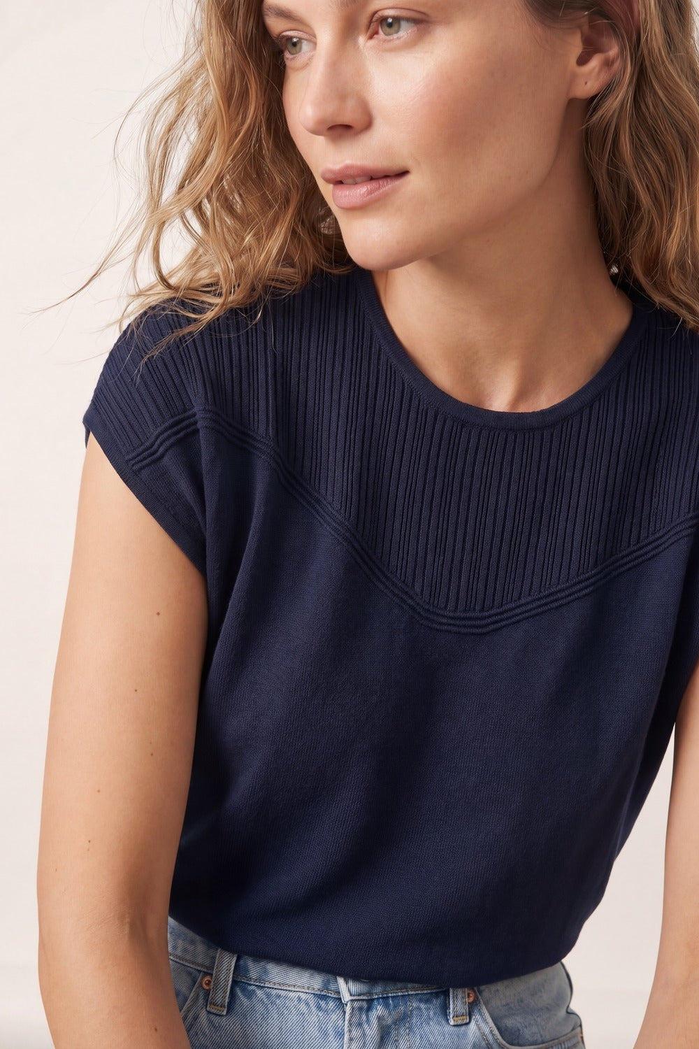 Navy Knit sweater with Ribbed Detail and Cap Sleeves
