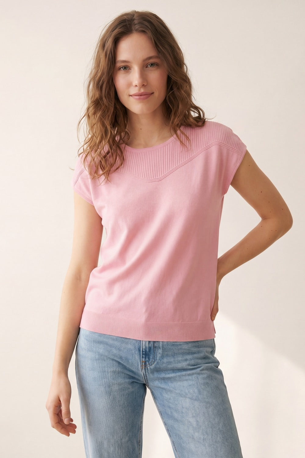 Pink Knit Short Sleeve Sweater with Ribbed Detail