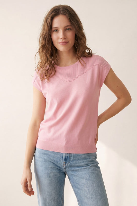 Pink Knit Short Sleeve Sweater with Ribbed Detail