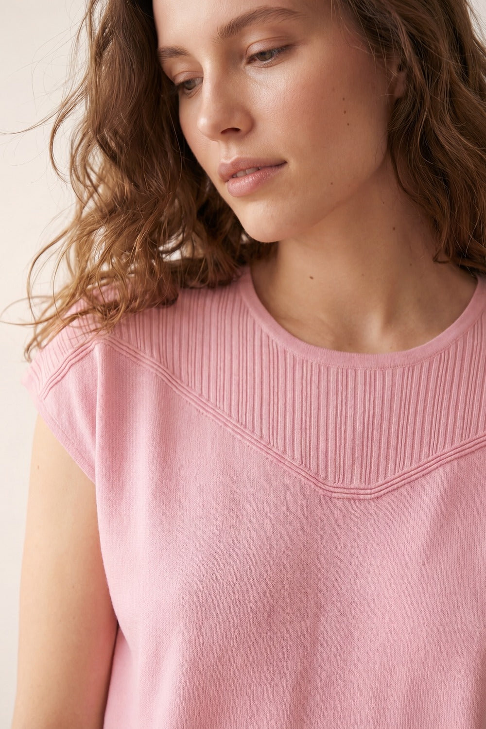 Pink Knit Short Sleeve Sweater with Ribbed Detail
