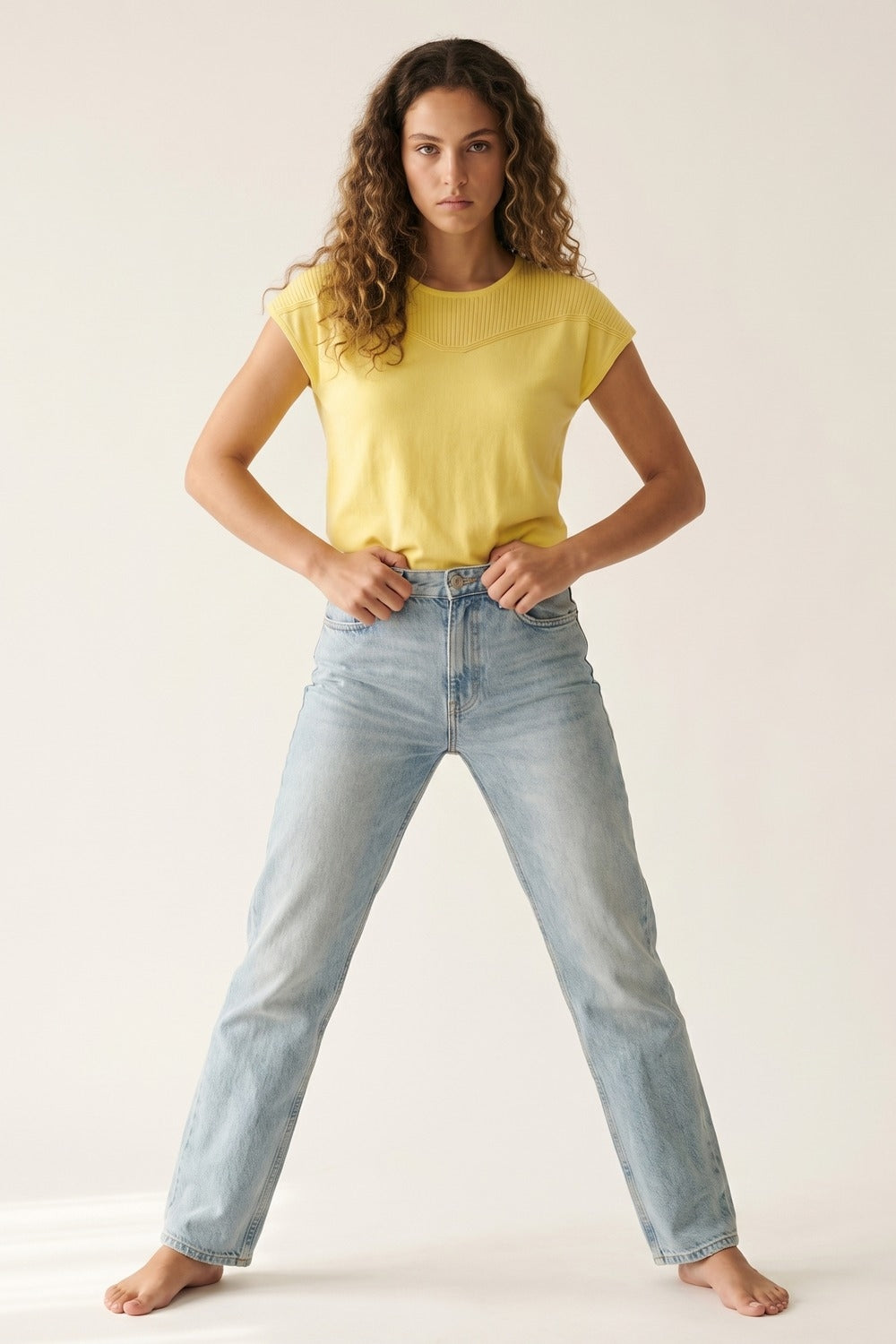Yellow Short Sleeve Knit sweater with Ribbed Detail