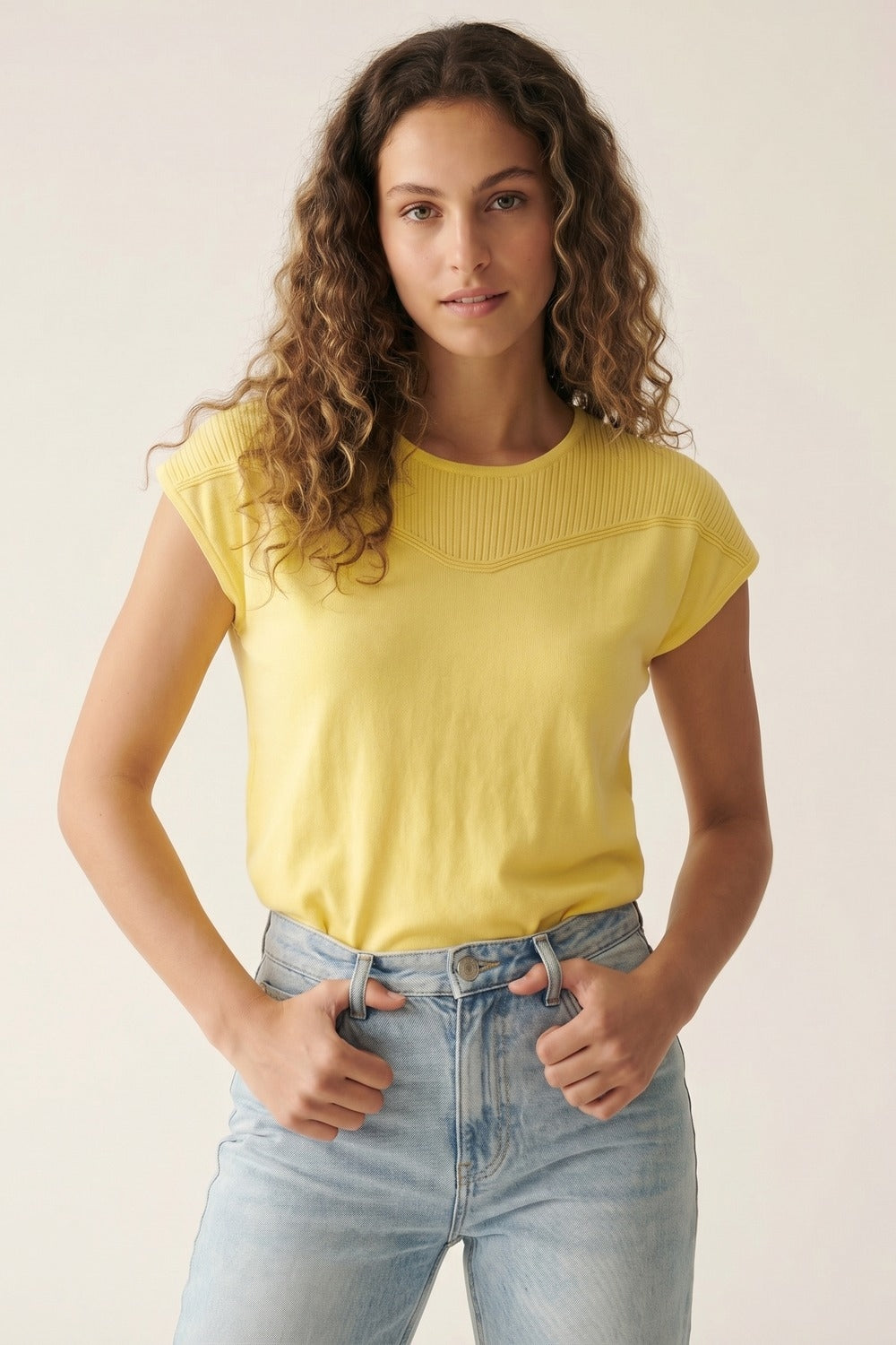 Yellow Short Sleeve Knit sweater with Ribbed Detail