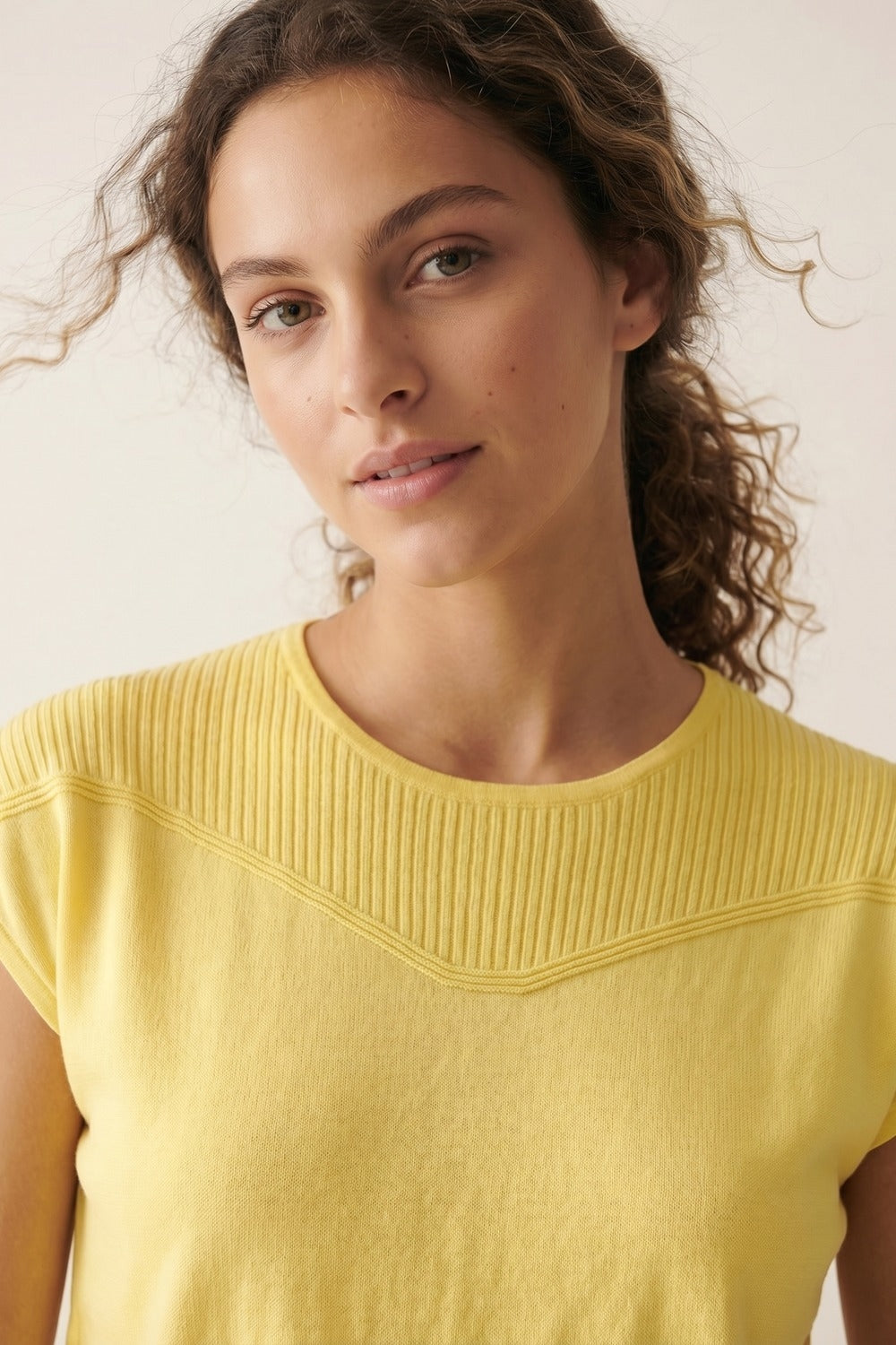 Yellow Short Sleeve Knit sweater with Ribbed Detail