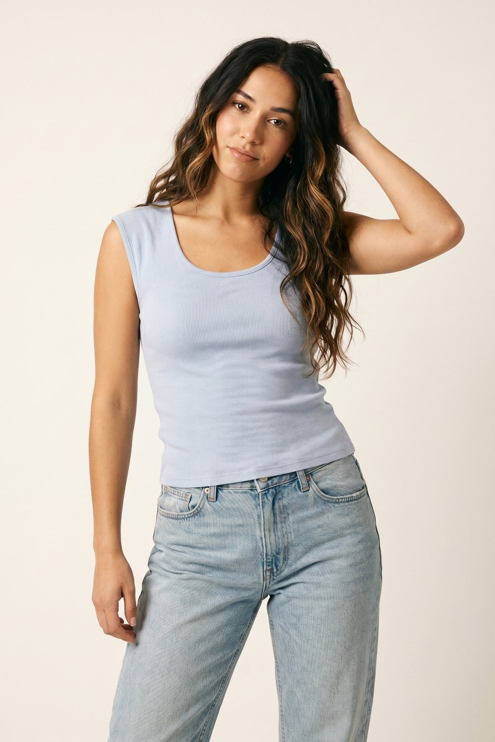 Light Blue Ribbed Knit Scoop sweater in lightweight knit - Jumpers