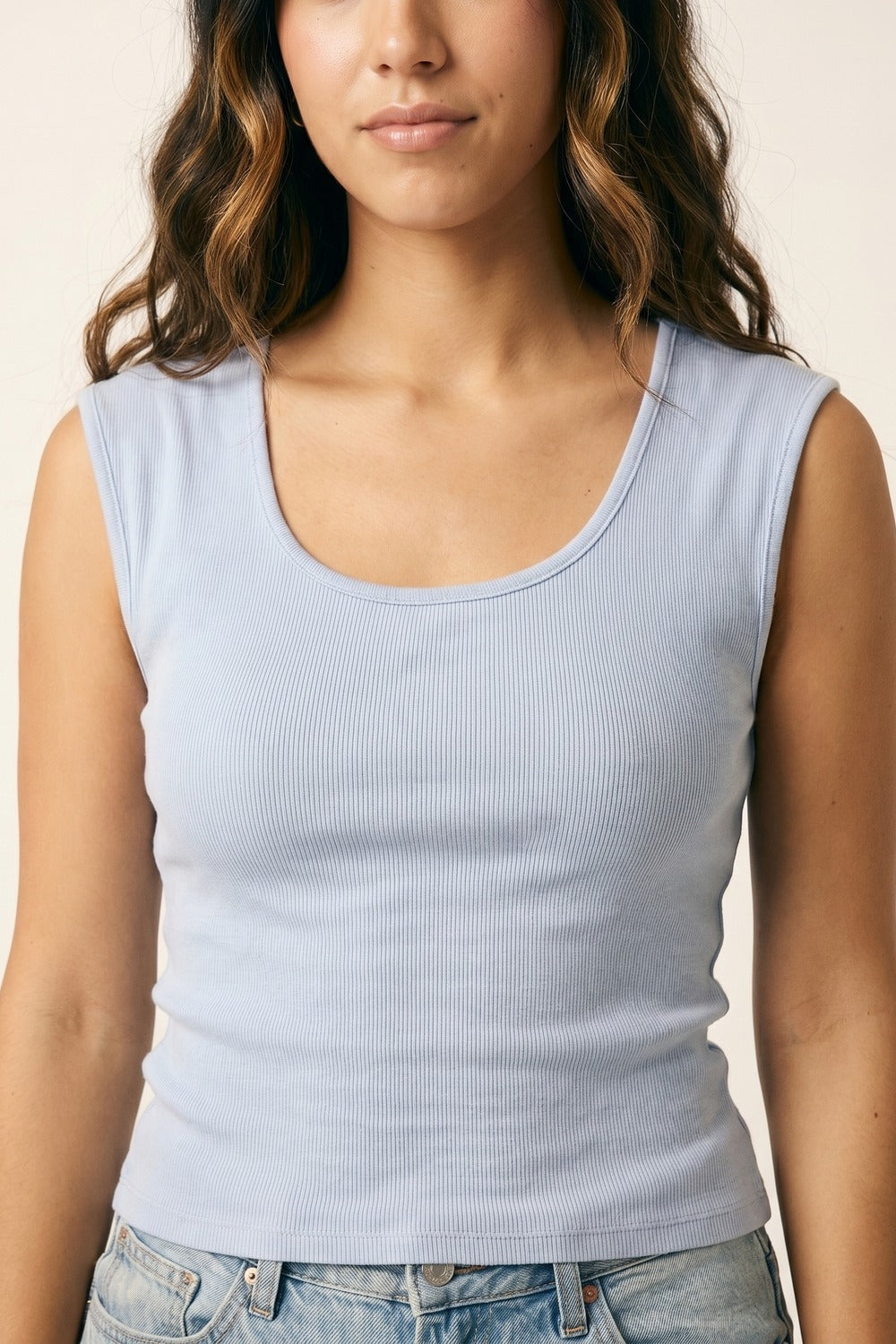 Light Blue Ribbed Knit Scoop sweater in lightweight knit - Jumpers