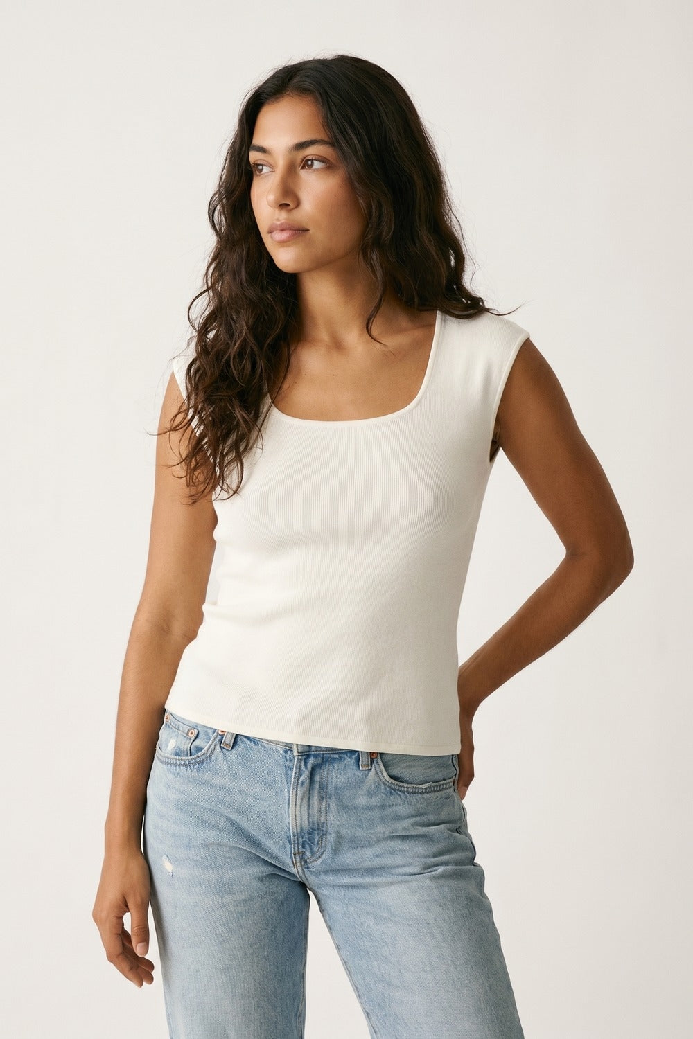 White Ribbed Knit Scoop Neck sweater in lightweight knit