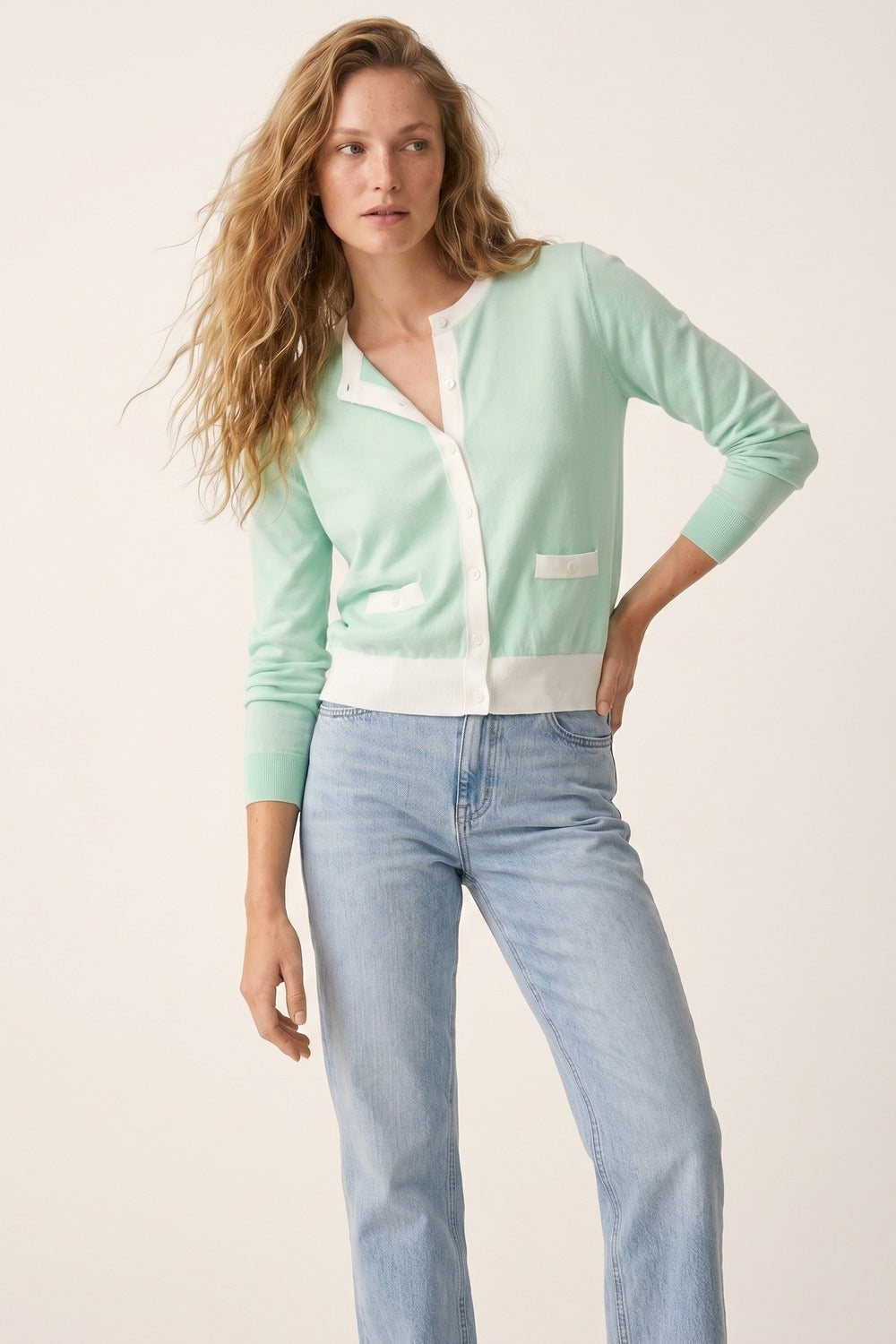 Mint Green Contrast Trim Classic Button Cardigan