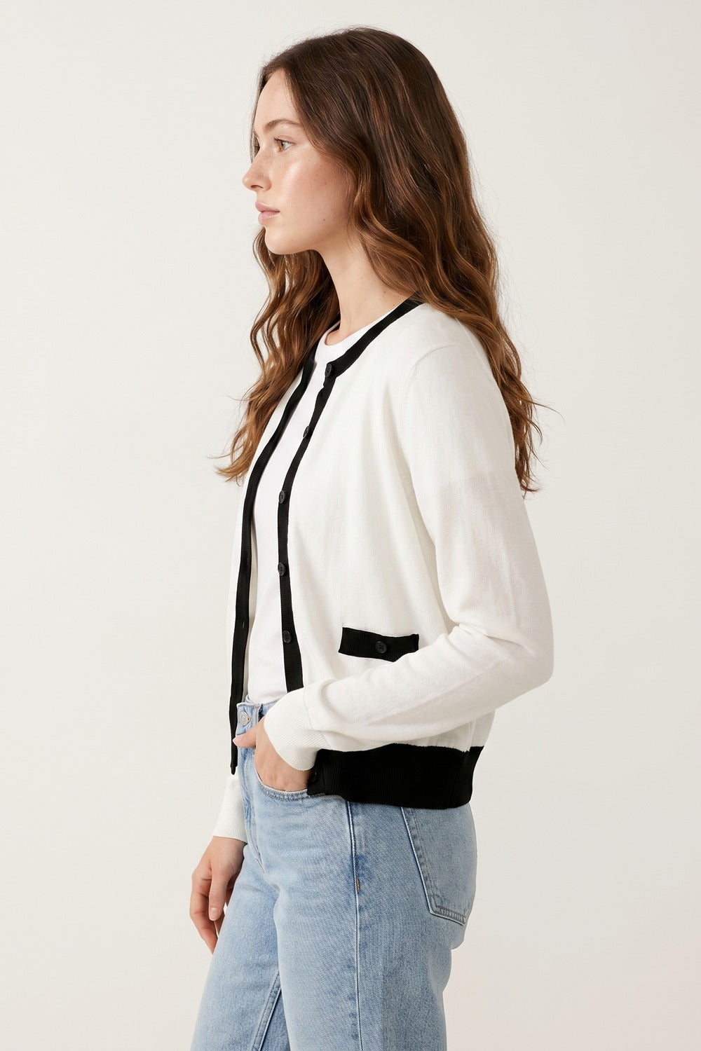 White with Black trim White Cardigan with Black Trim Detail