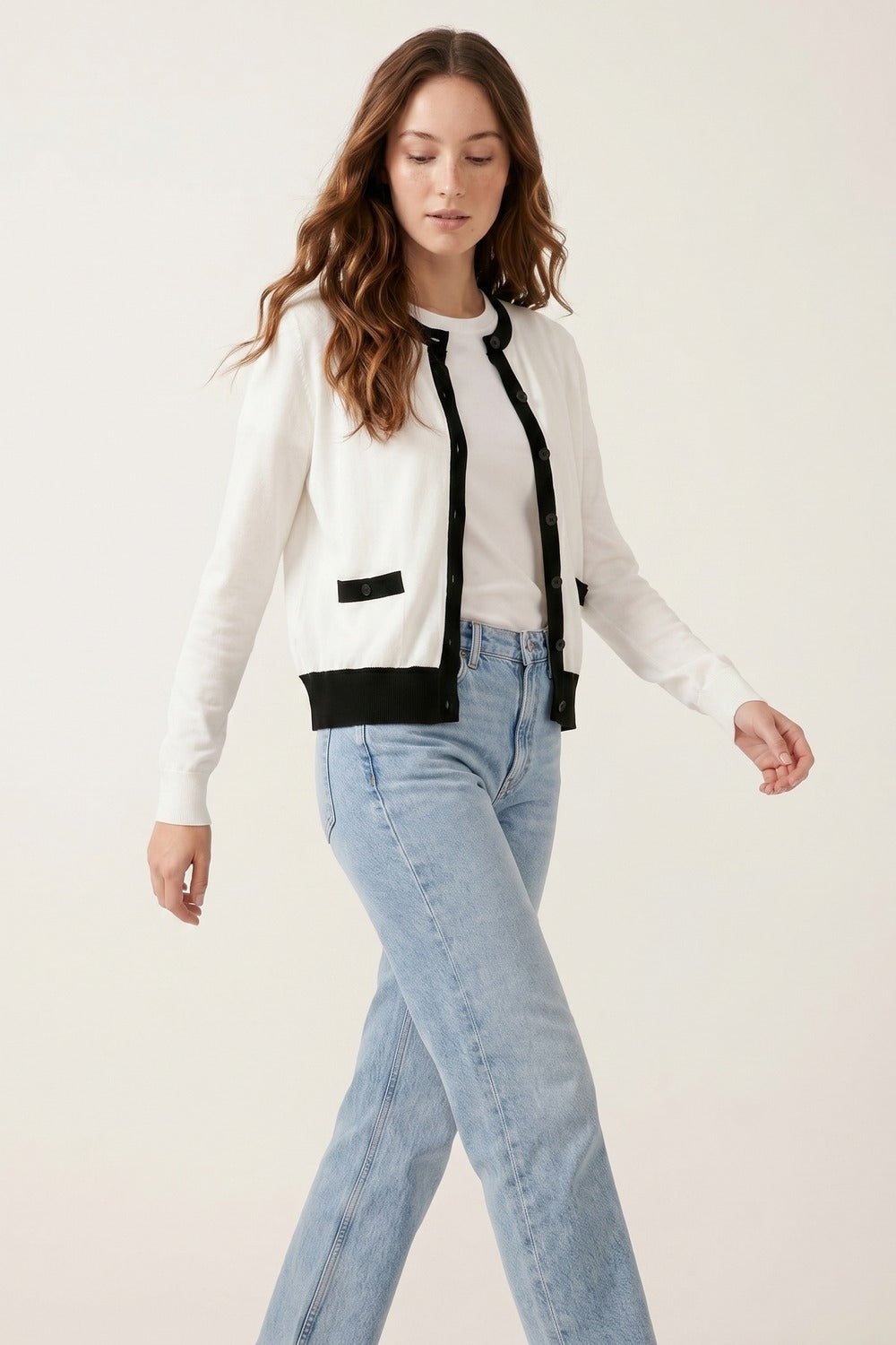 White with Black trim White Cardigan with Black Trim Detail