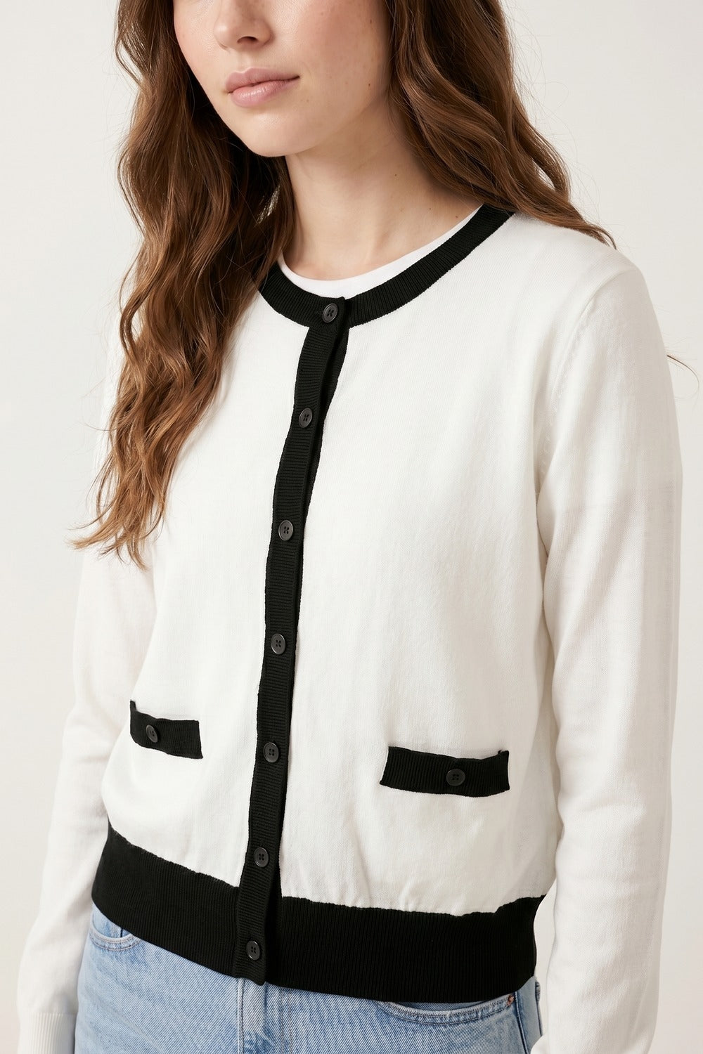 White with Black trim White Cardigan with Black Trim Detail