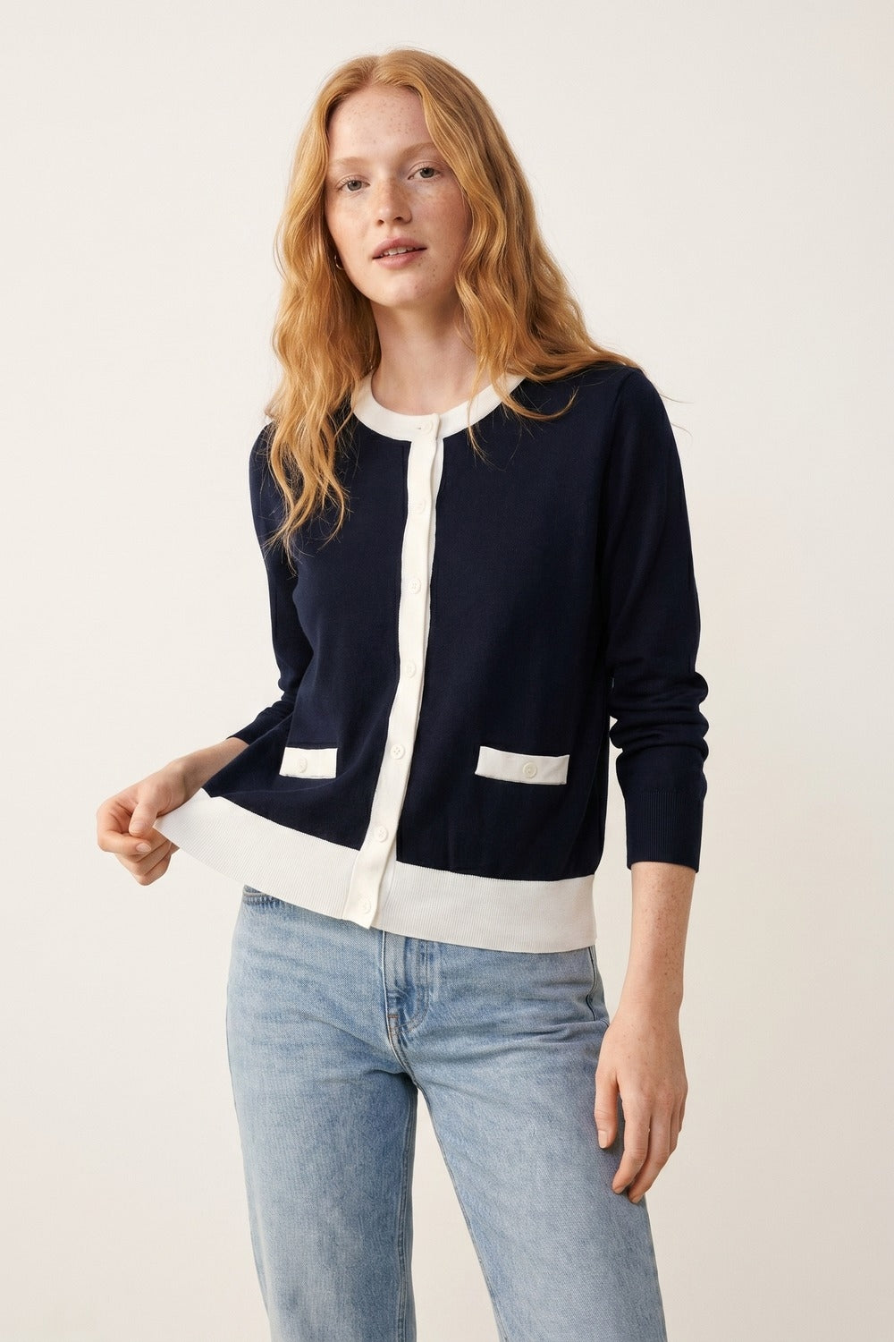 Navy Button-Up Cardigan with White Trim Accents