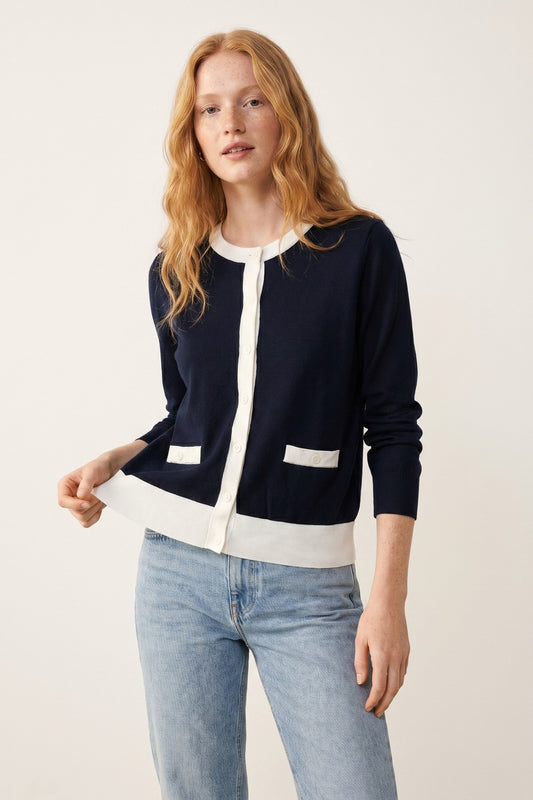 Navy Button-Up Cardigan with White Trim Accents