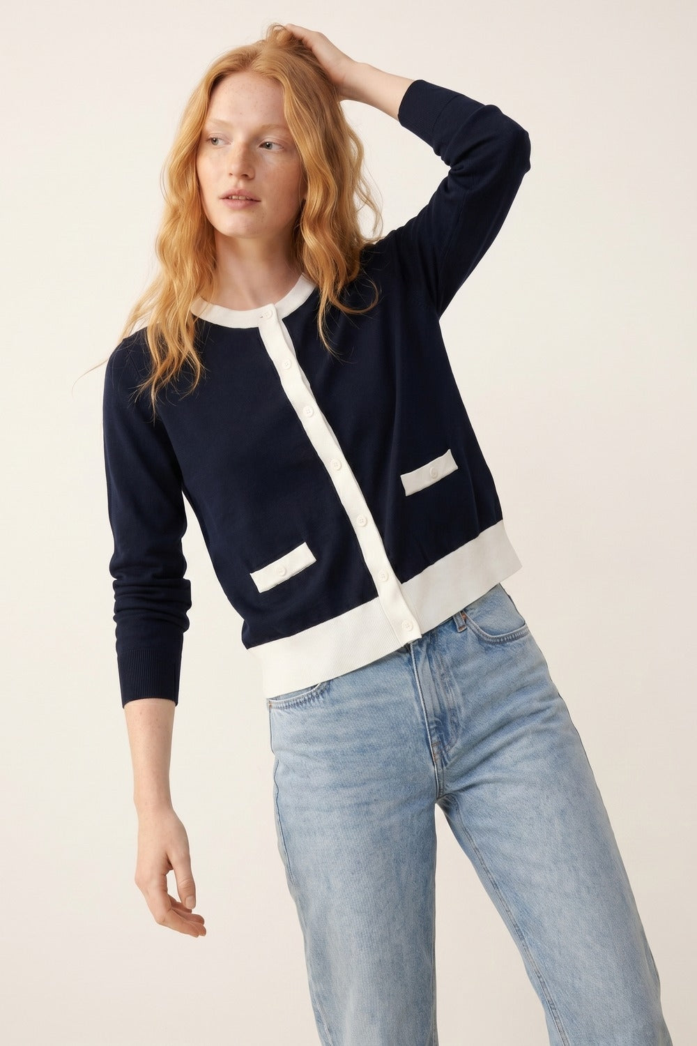 Navy Button-Up Cardigan with White Trim Accents