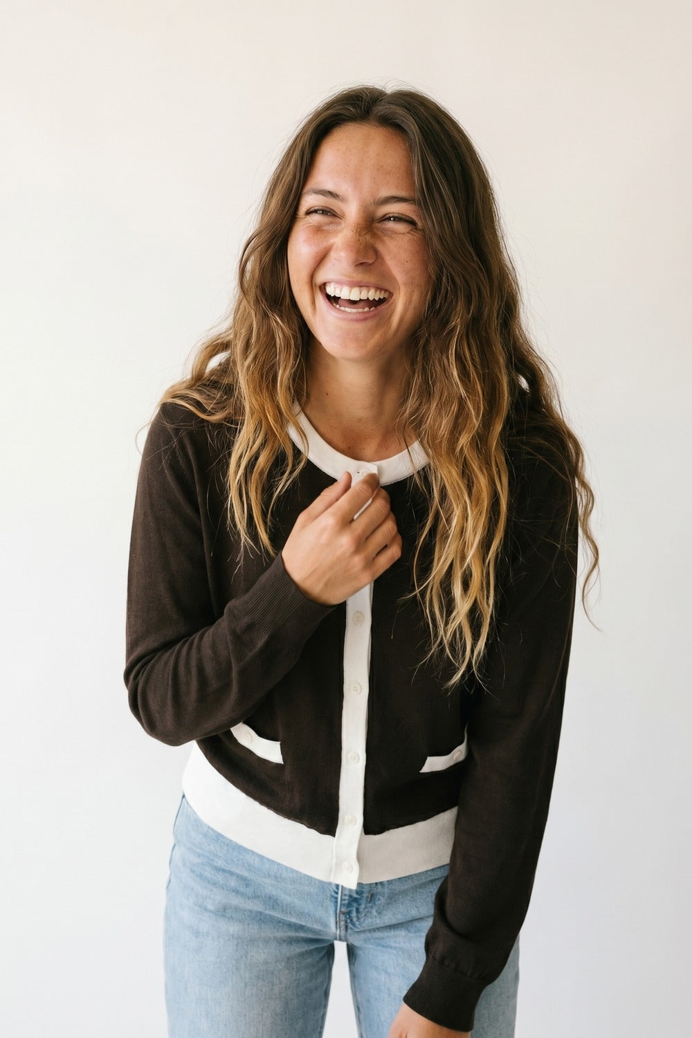 Brown Contrast Trim Button-Up Long Sleeve Cardigan