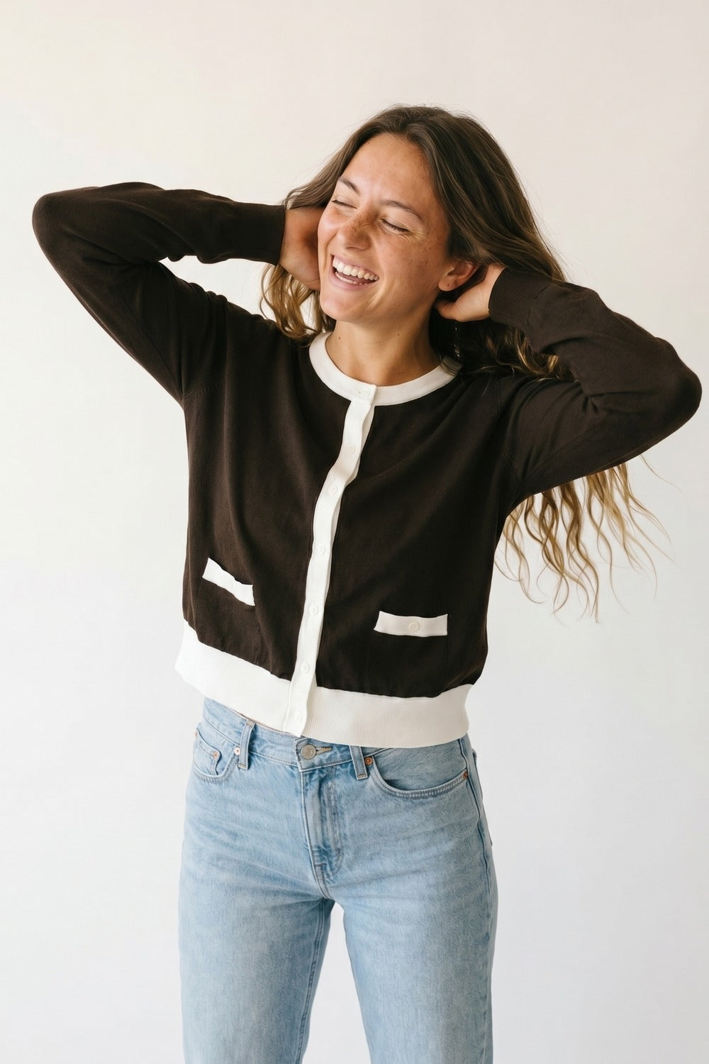 Brown Contrast Trim Button-Up Long Sleeve Cardigan