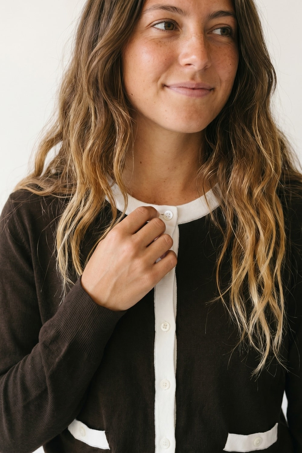 Brown Contrast Trim Button-Up Long Sleeve Cardigan