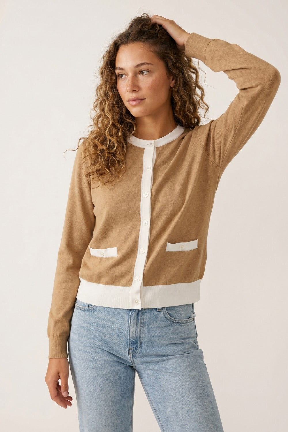 Contrast Trim Classic Button Cardigan in camel