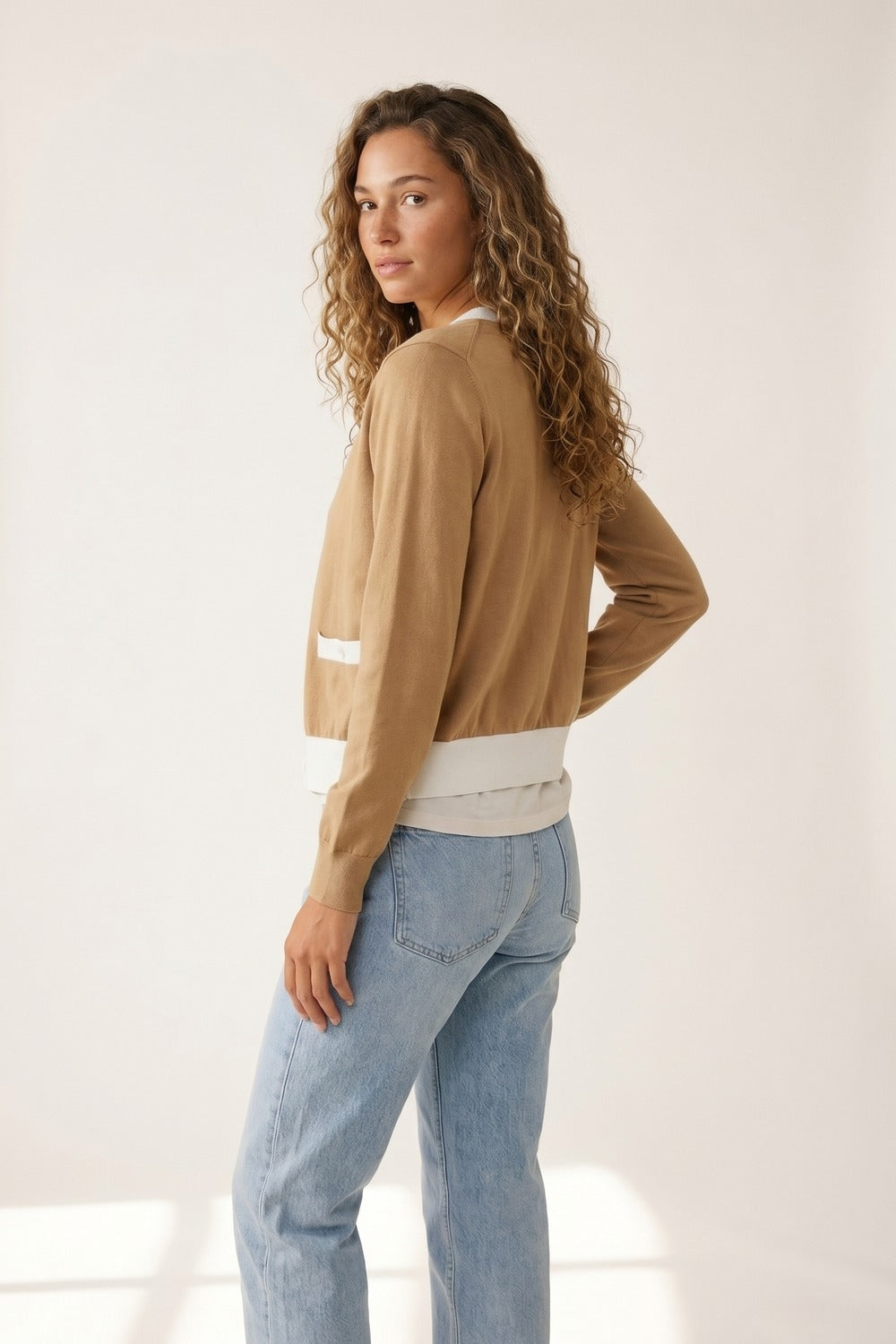 Contrast Trim Classic Button Cardigan in camel