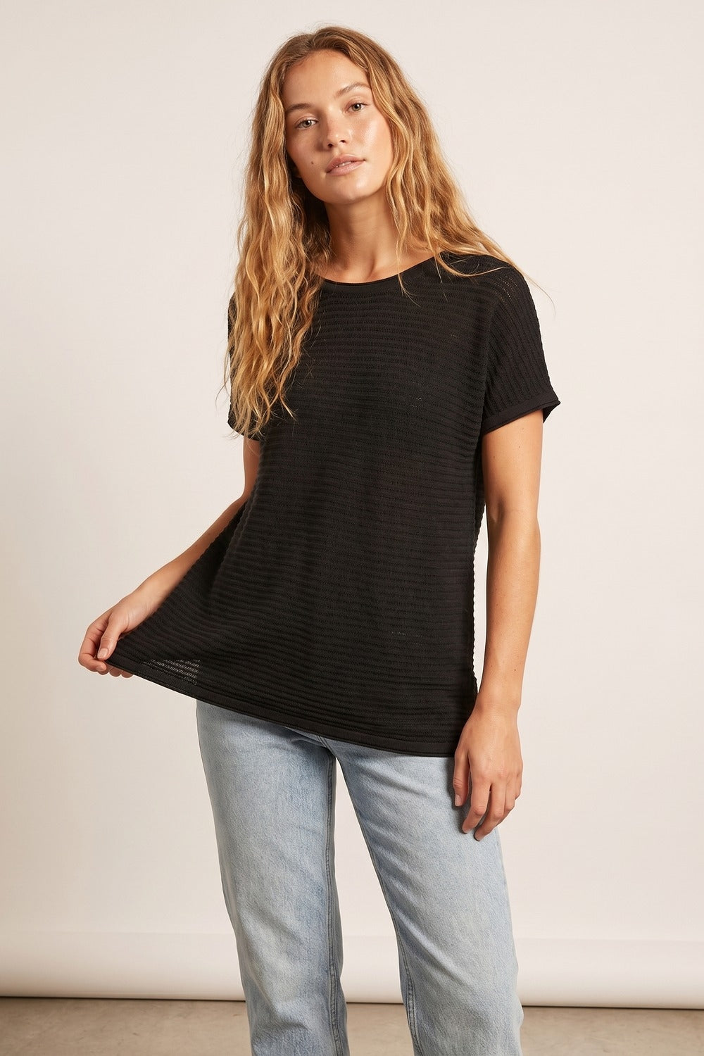 Black Textured Ribbed Knit Short Sleeve sweater