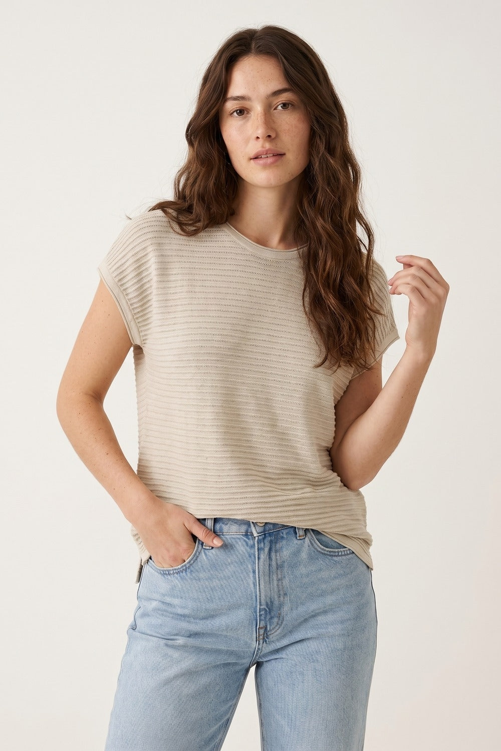 Beige Ribbed open Knit Relaxed Fit Short Sleeve sweater